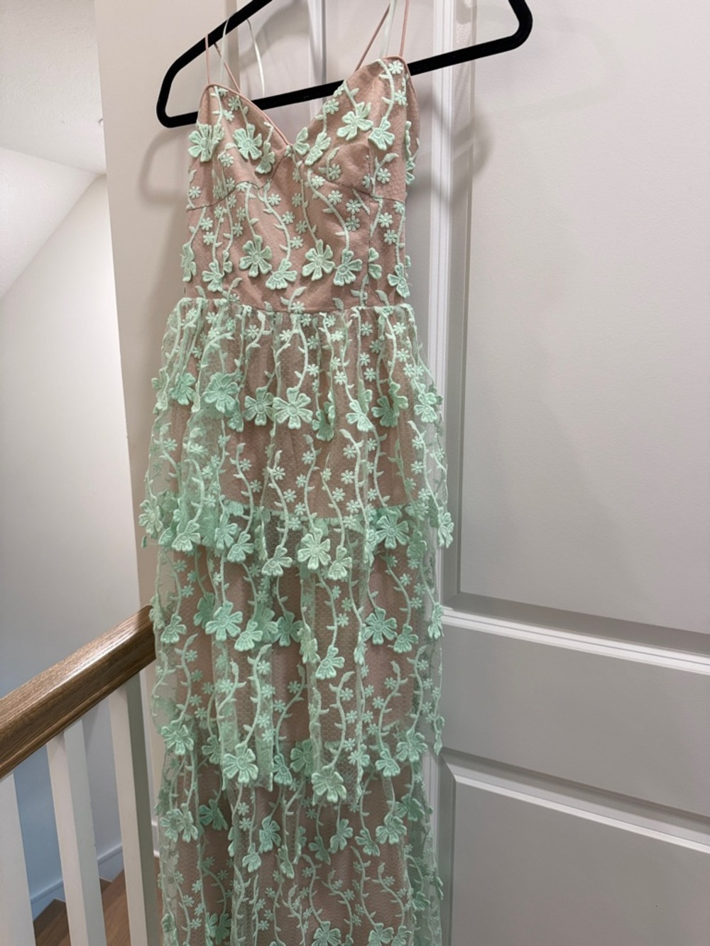 Mint Floral Appliqué Sheer Maxi Dress